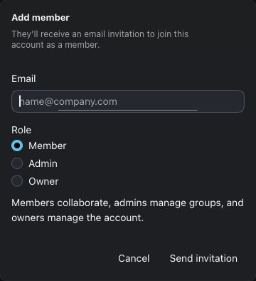 Admin Add member dialog with a placeholder email and Member, Admin, and Owner role choices.