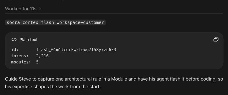 A real Codex chat showing the workspace-customer flash: 5 Modules and 2,216 tokens, followed by a recommendation for Steve.