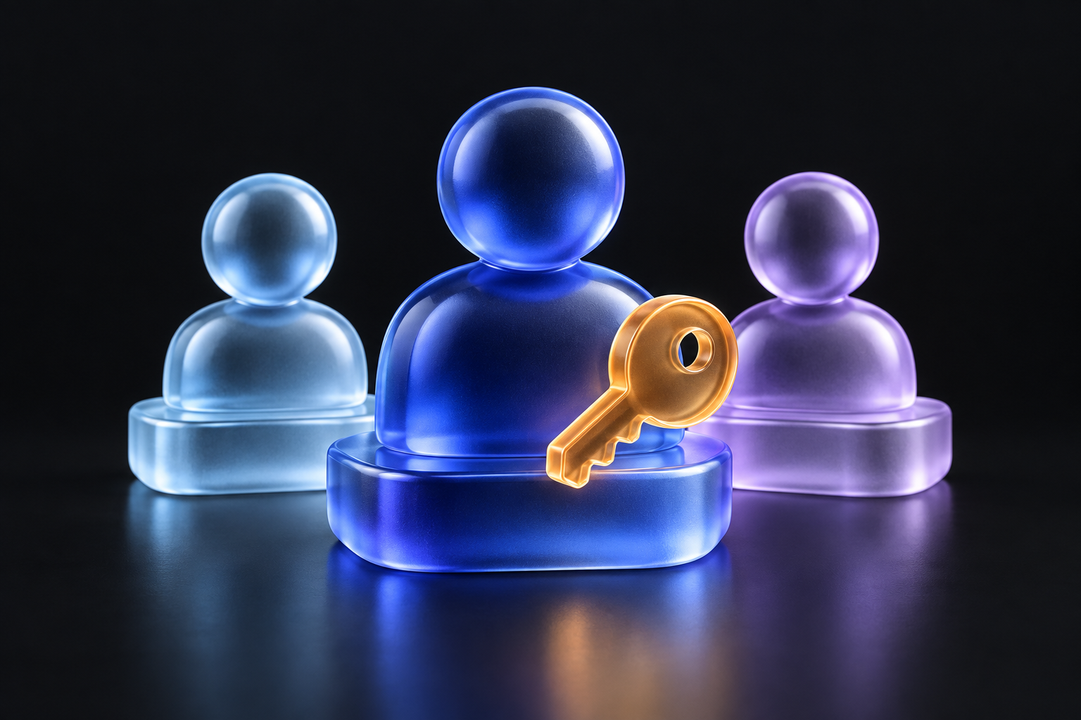 A glass team of people with a golden key representing access.