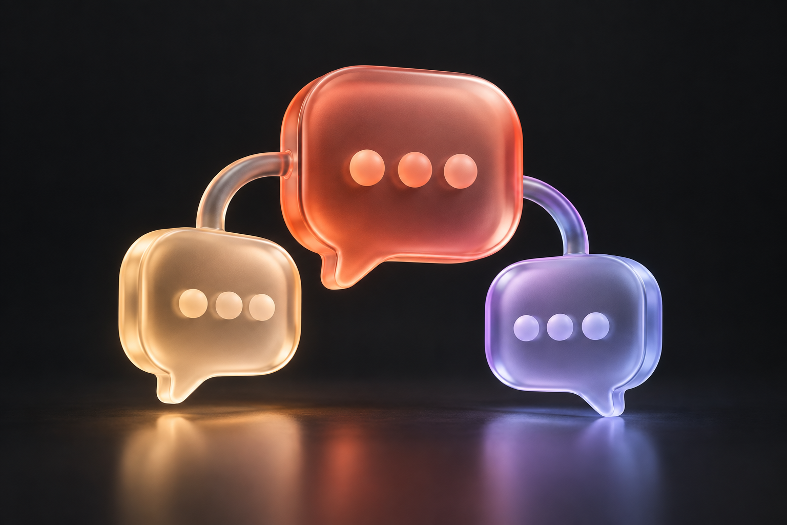 Connected coral, peach, and violet glass speech bubbles.
