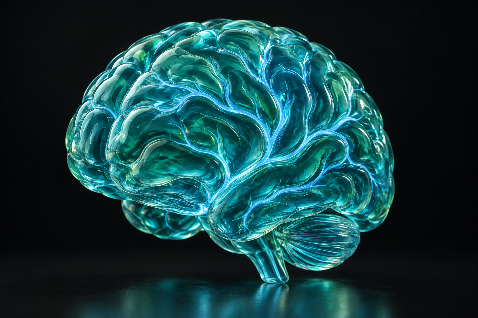 A turquoise glass brain with branching, river-like folds.