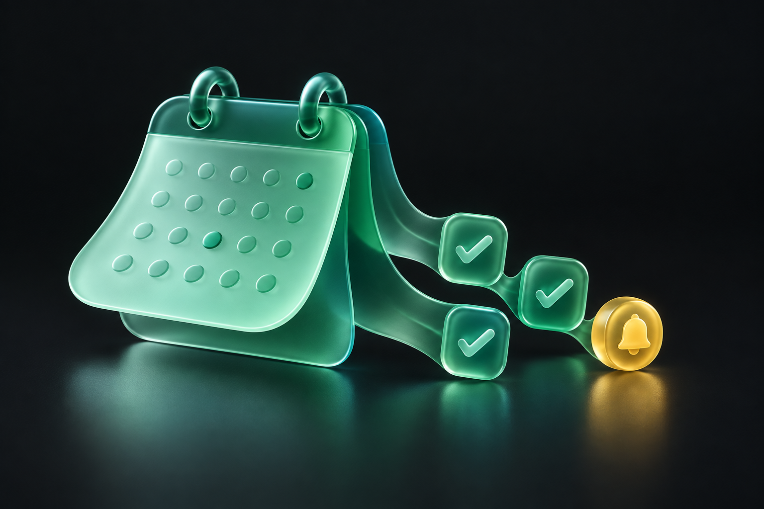 A colorful illustration of a green calendar, completed tasks, and a reminder.